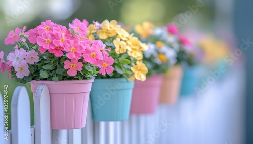 pastel flower pots adorning a white picket fence creating a serene and colorful spring scene