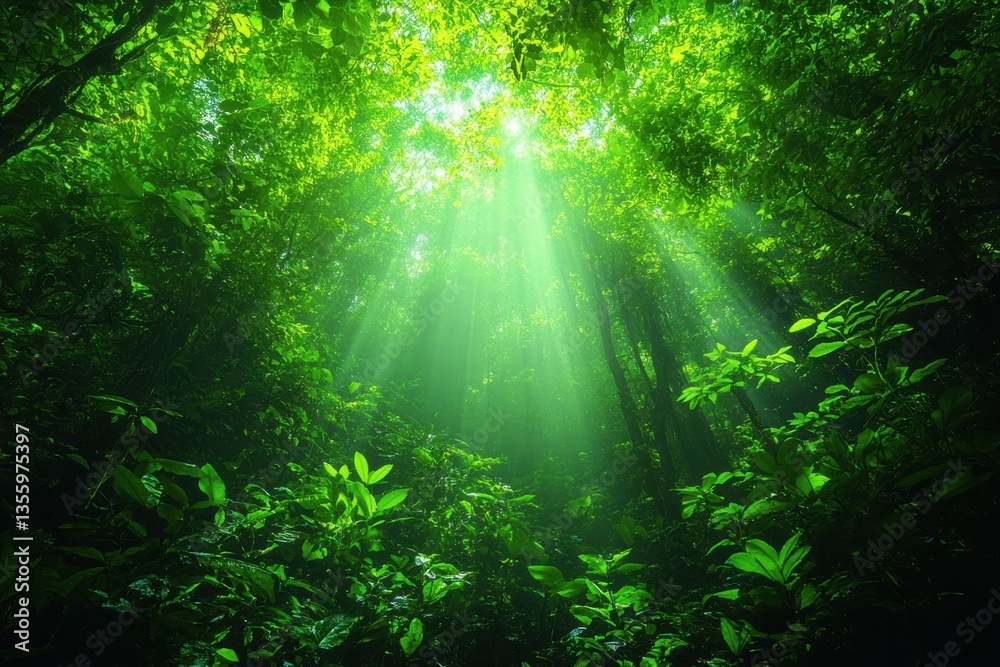 Fototapeta premium Light beams filter through dense green foliage in a tranquil forest setting