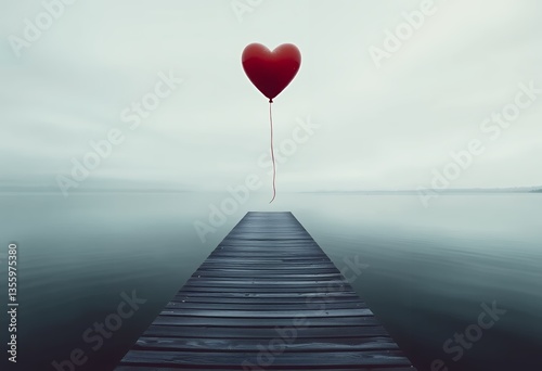 Red Heart Balloon Floating Over Calm Water and Wooden Pier