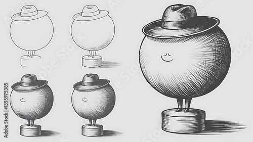 Cute stylized sphere characters wearing hats standing on pedestals