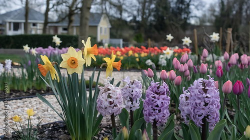 Spring flowers in a garden bed