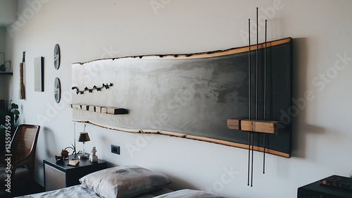 Modern rustic headboard with concrete and wood accents Minimalist bedroom decor
