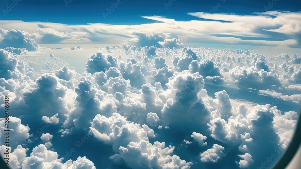 Fototapeta premium Aerial view of fluffy clouds under a blue sky from an airplane window.
