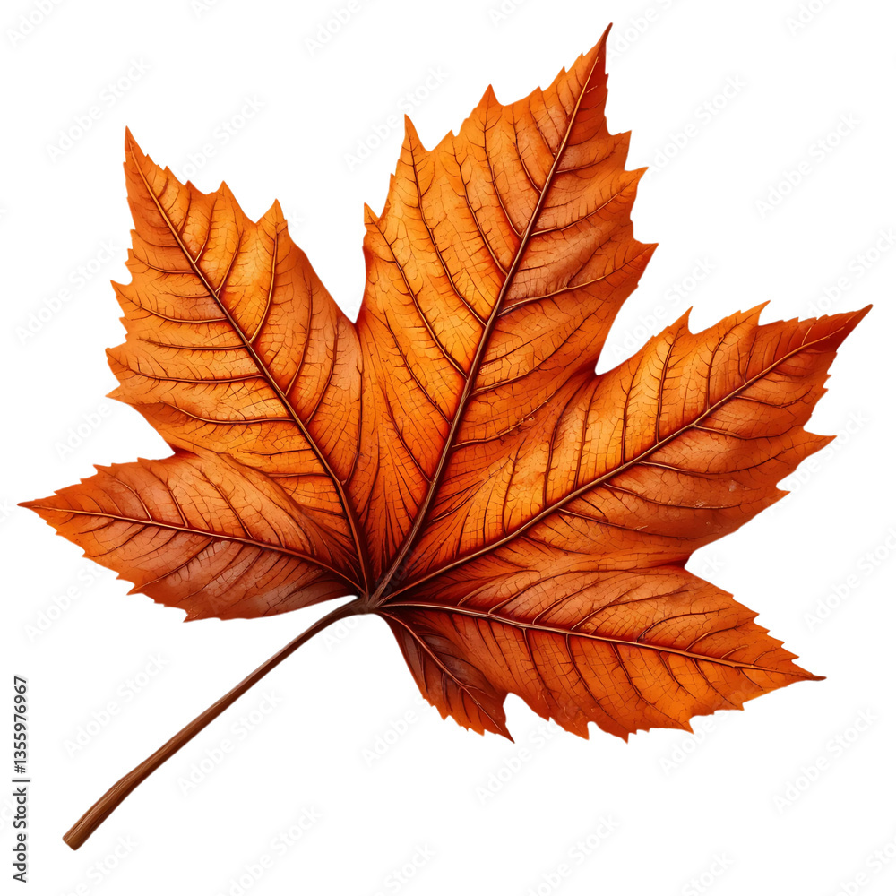 Fototapeta premium A single, vibrant orange maple leaf, isolated on a transparent background. Perfect for autumnal designs, nature themes, or fall-themed projects.