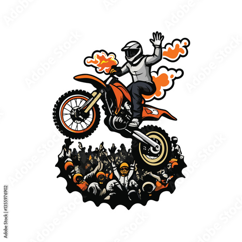 A dynamic vector illustration of a motocross rider performing a daring jump, showcasing speed and skill.  High-detail, vibrant colors.