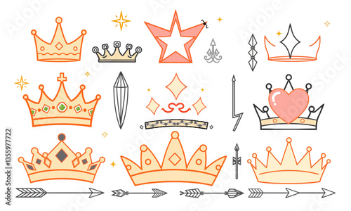 Crown illustrations featuring various designs, including stars, hearts, and decorative elements, evoke sense of royalty and creativity. Perfect for artistic projects or celebrations