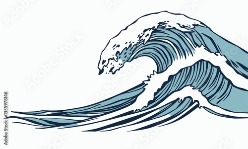 stylized wave illustration featuring dynamic curves and frothy crests, capturing essence of ocean movement and energy. design showcases shades of blue and white, evoking sense of tranquility and