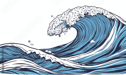 stunning illustration of large ocean wave, showcasing intricate details water movement and foam. vibrant blue tones and dynamic lines evoke sense of energy and motion, capturing beauty of nature