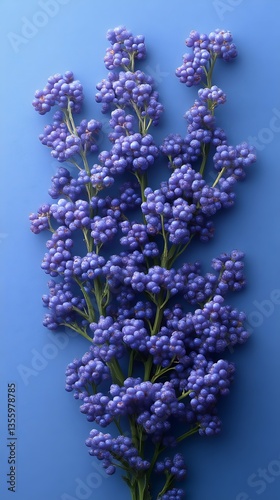 A cluster of vibrant purple flower branches against a blue background