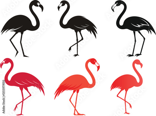 Set of Flamingo Silhouette Art Minimalist Wildlife Drawing
