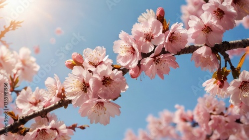Pink cherry blossom flowers on a sunny day.
Beautiful spring scene with blooming sakura on a branch.
Japanese cherry trees in full bloom