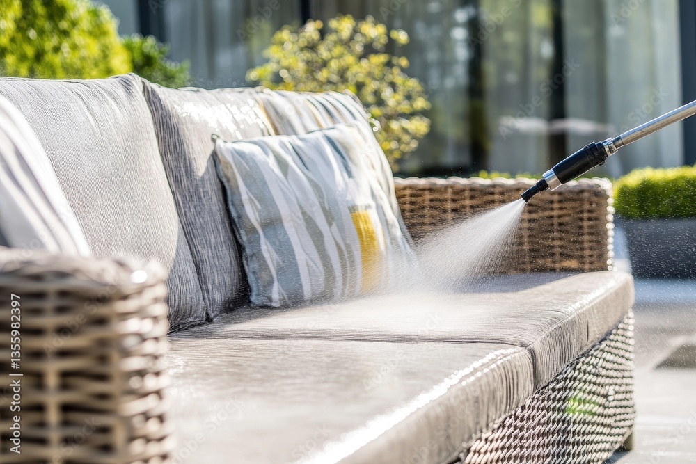 Outdoor Sofa Cleaning with High-Pressure Washer