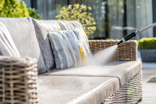 Obraz na płótnie Outdoor Sofa Cleaning with High-Pressure Washer w salonie