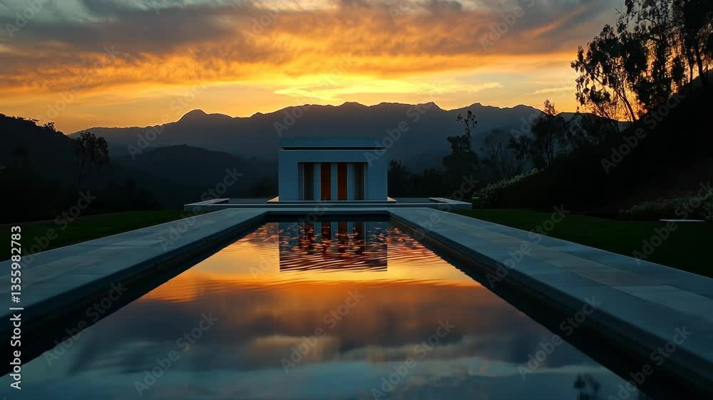 Sunset view over modern architecture reflecting in a tranquil pool in a mountainous setting