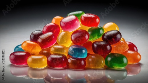 Colorful jelly candies in a pile, isolated on a clear background.
Bright, fruity gummy sweets in different shapes and colors.