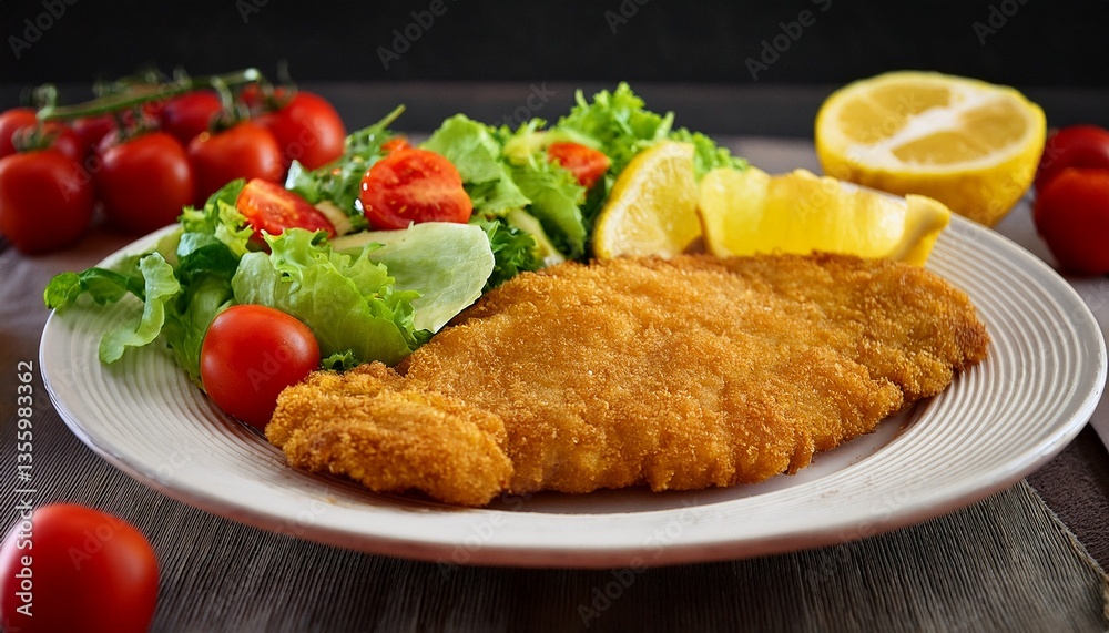 Golden Crispy Schnitzel with Fresh Salad and Lemon Wedges Golden Crispy Schnitzel with Fresh Salad and Lemon Wedges
