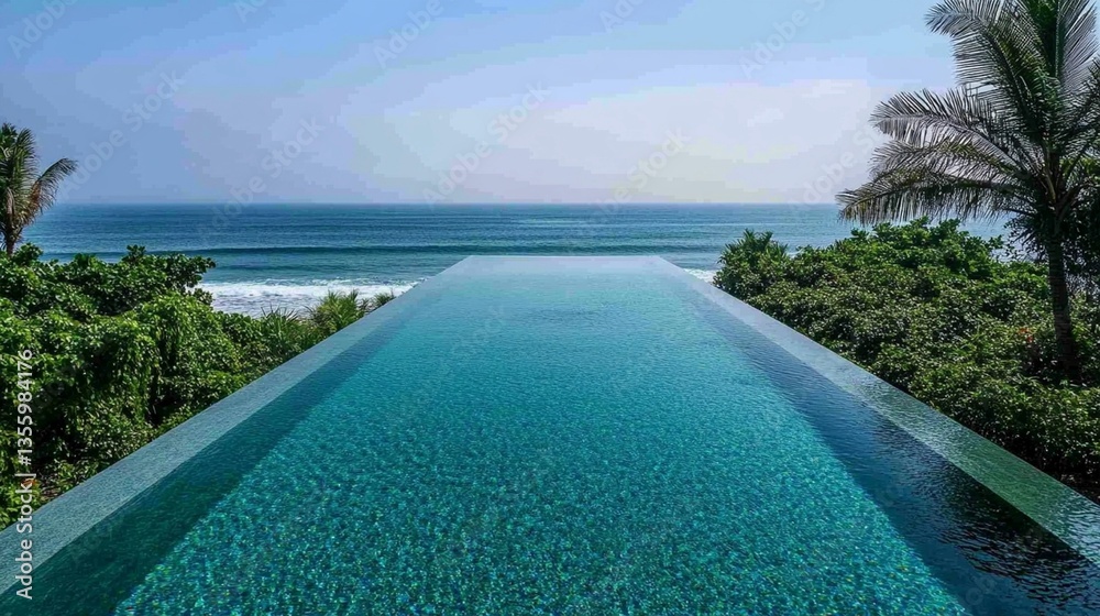 Fototapeta premium Infinity pool overlooking ocean, tropical greenery, clear blue water.
