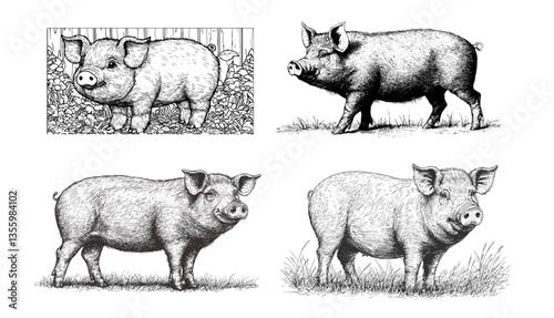 Vector Hand-drawn illustrations showcasing different poses of pigs in a variety of settings, outline art style, on a white background
