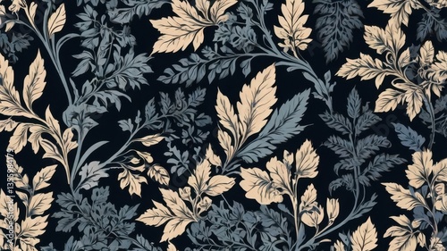 Fabric pattern with elegant flower and leaf silhouettes.
Stylish floral and foliage design for textile use.