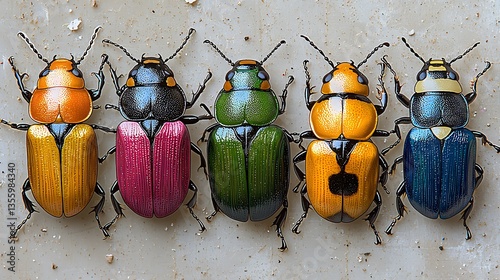 Five colorful beetles are displayed in a close up photograph