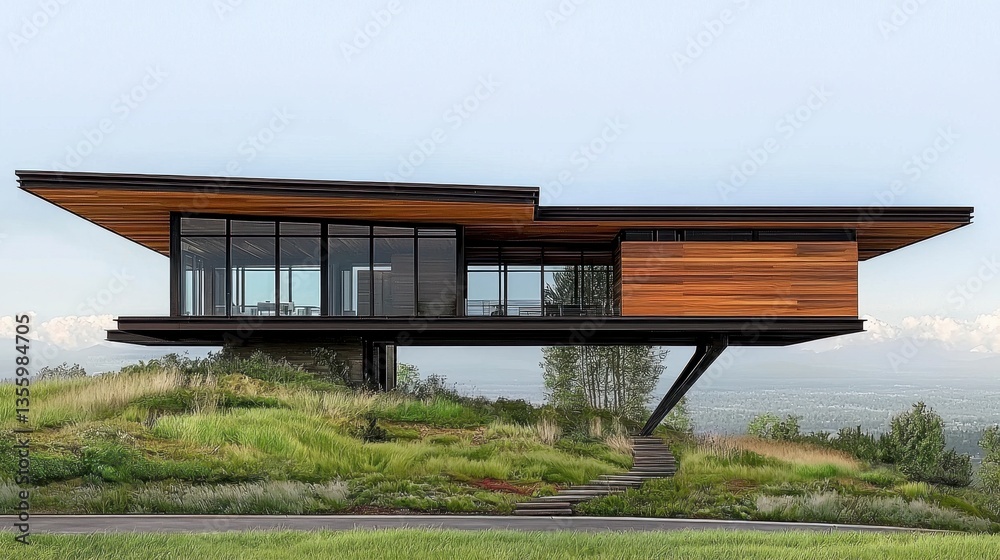 Modern Hillside Home with Expansive Windows and Mountain Views