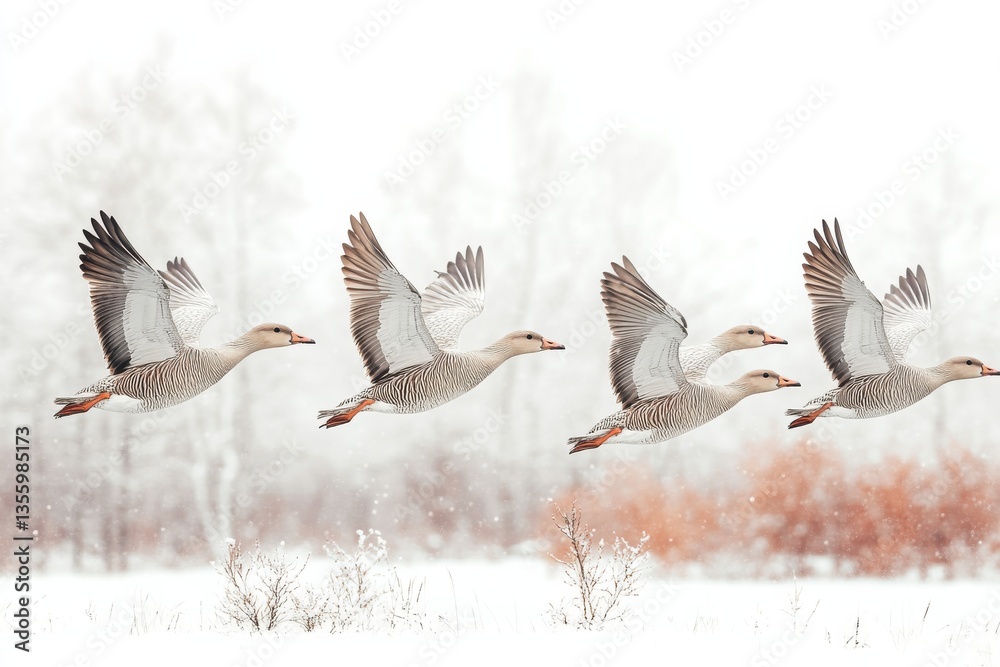 Obraz premium Geese flying over a snowy landscape in winter