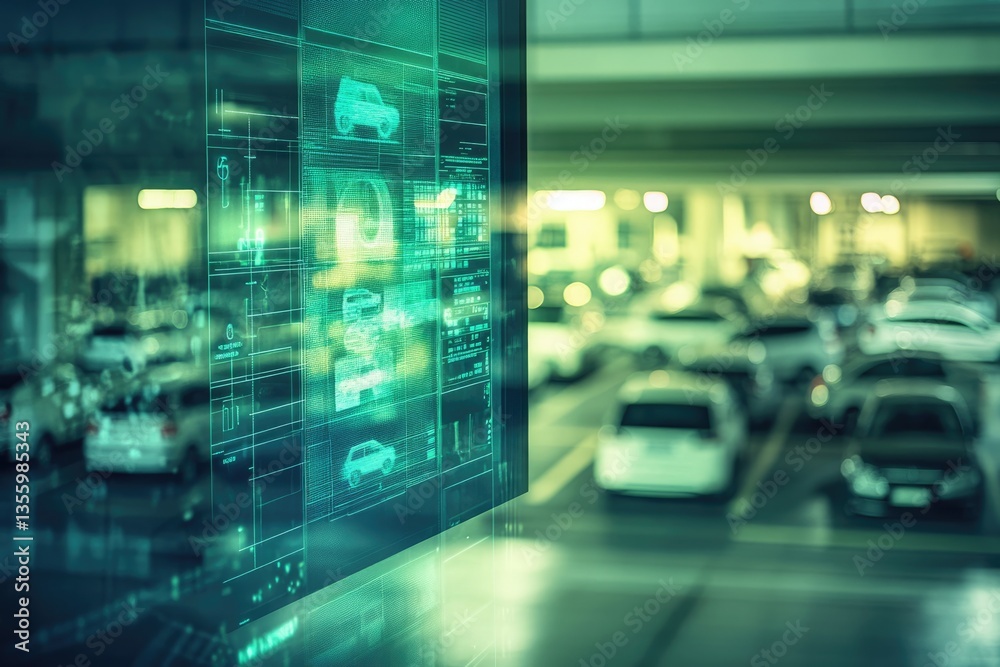 Digital screen displays car data, showcasing intelligent parking system and futuristic technology in a modern parking garage. Digital screen displays car data, showcasing intelligent parking system and futuristic technology in a modern parking garage.