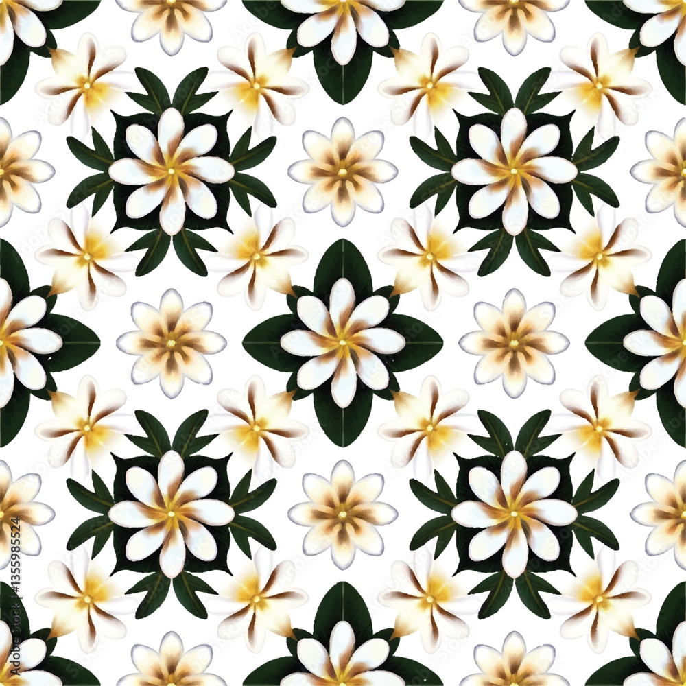 A seamless pattern of jasmine having white petals with a yellow center flowers in circular pattern on white background. A seamless pattern of jasmine having white petals with a yellow center flowers in circular pattern on white background.