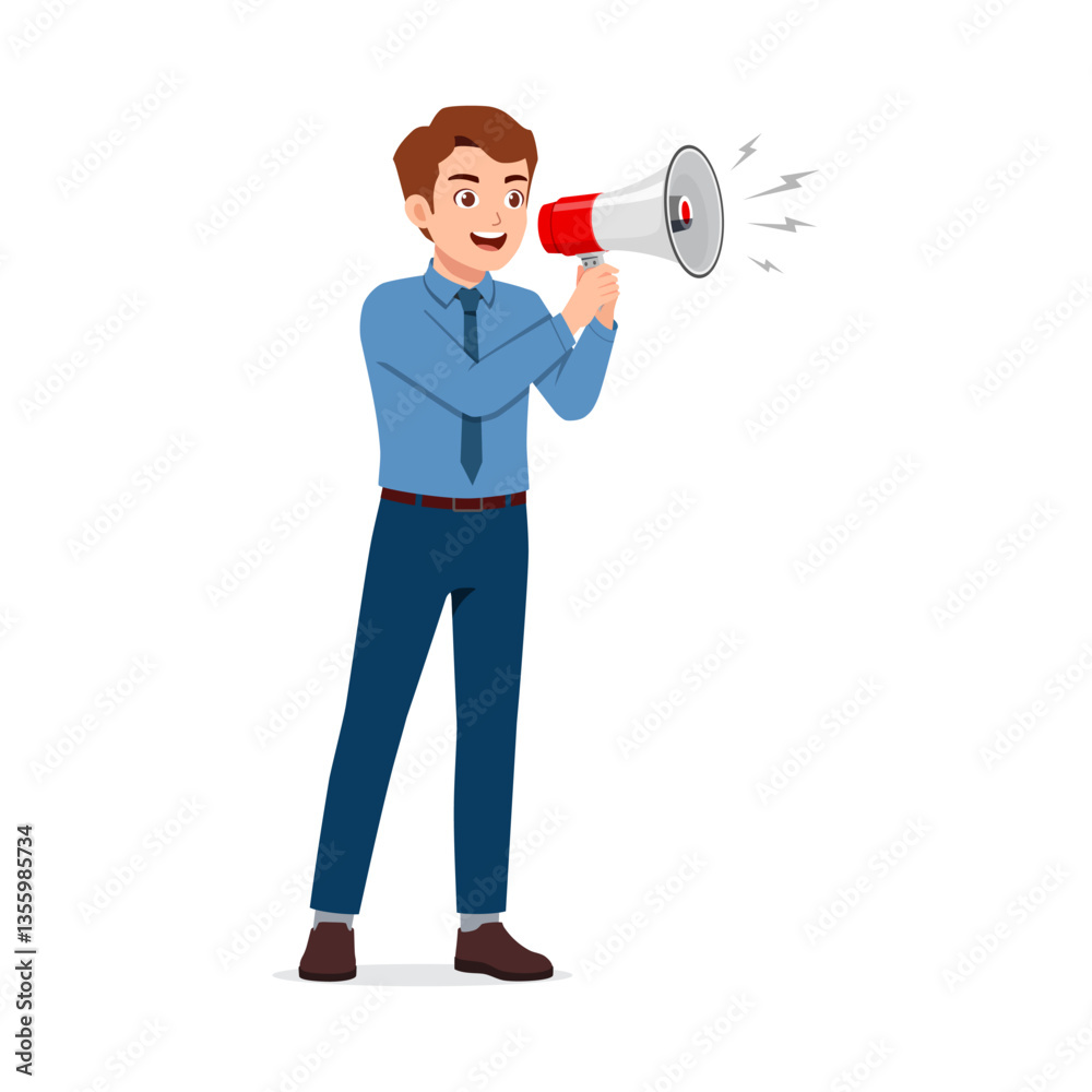 Man in formal attire shouting into megaphone with happy expression in illustration Man in formal attire shouting into megaphone with happy expression in illustration