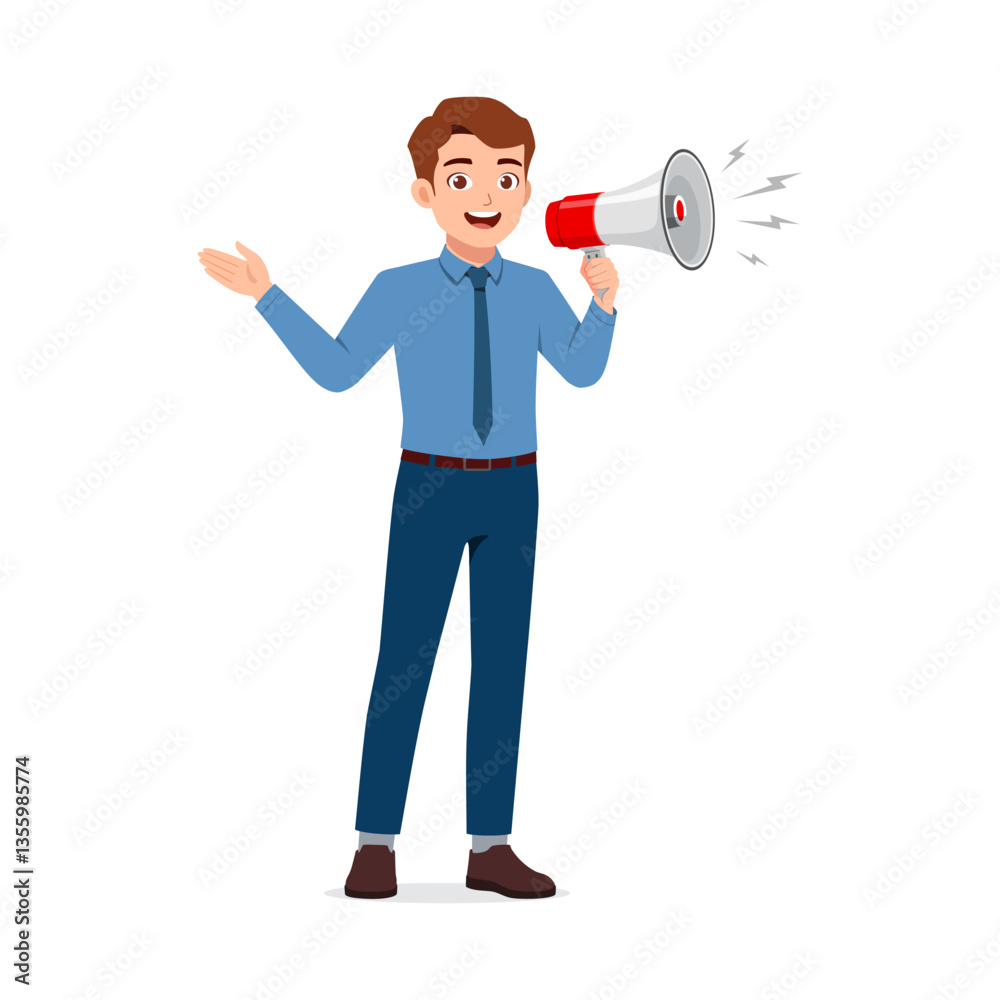 Smiling Businessman using Megaphone with Open Hand for Presentation and Talking Loudly Smiling Businessman using Megaphone with Open Hand for Presentation and Talking Loudly