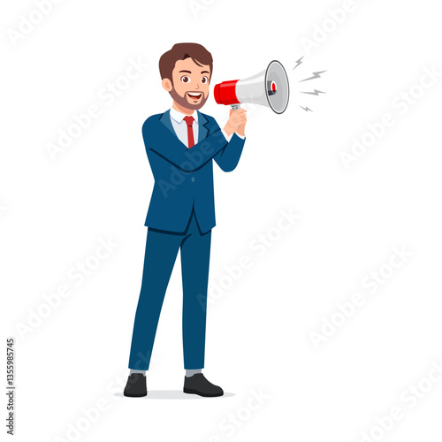 Businessman in suit shouting into megaphone, making announcement, speech and alert