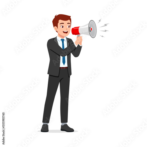 Young Businessman in Suit Announcing Through Megaphone with Smiling Expression, Promotion Illustration