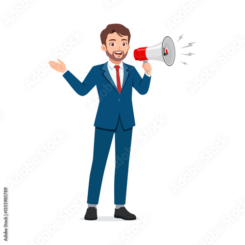 Man in Suit Holding Megaphone, Making Announcement with Cheerful Expression and Hand Gesture