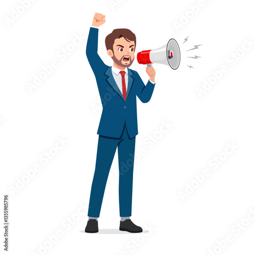 Furious Businessman in Suit Shouting Through Megaphone with Raised Fist in Protest