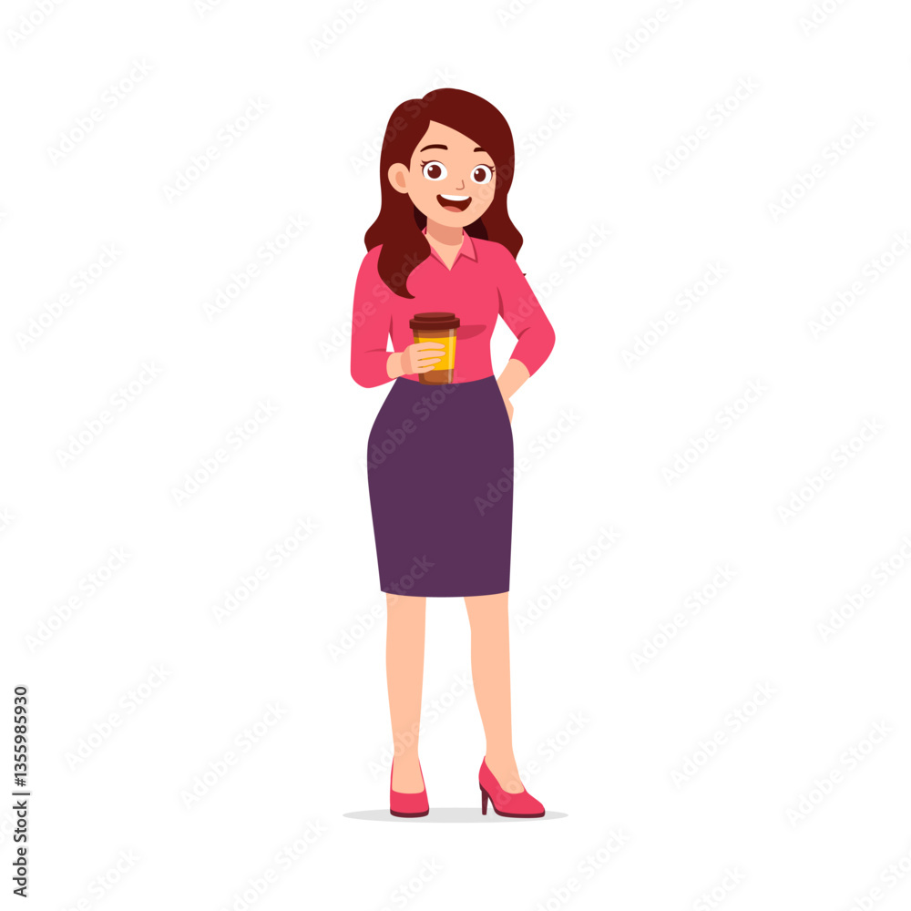 Young woman standing holding disposable cup with happy expression in full body view Young woman standing holding disposable cup with happy expression in full body view