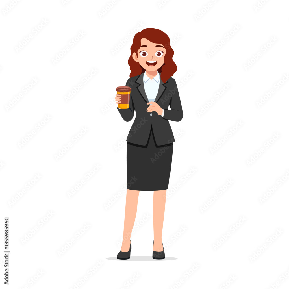 Businesswoman in Suit Smiling While Holding Coffee Cup Cartoon Illustration Businesswoman in Suit Smiling While Holding Coffee Cup Cartoon Illustration