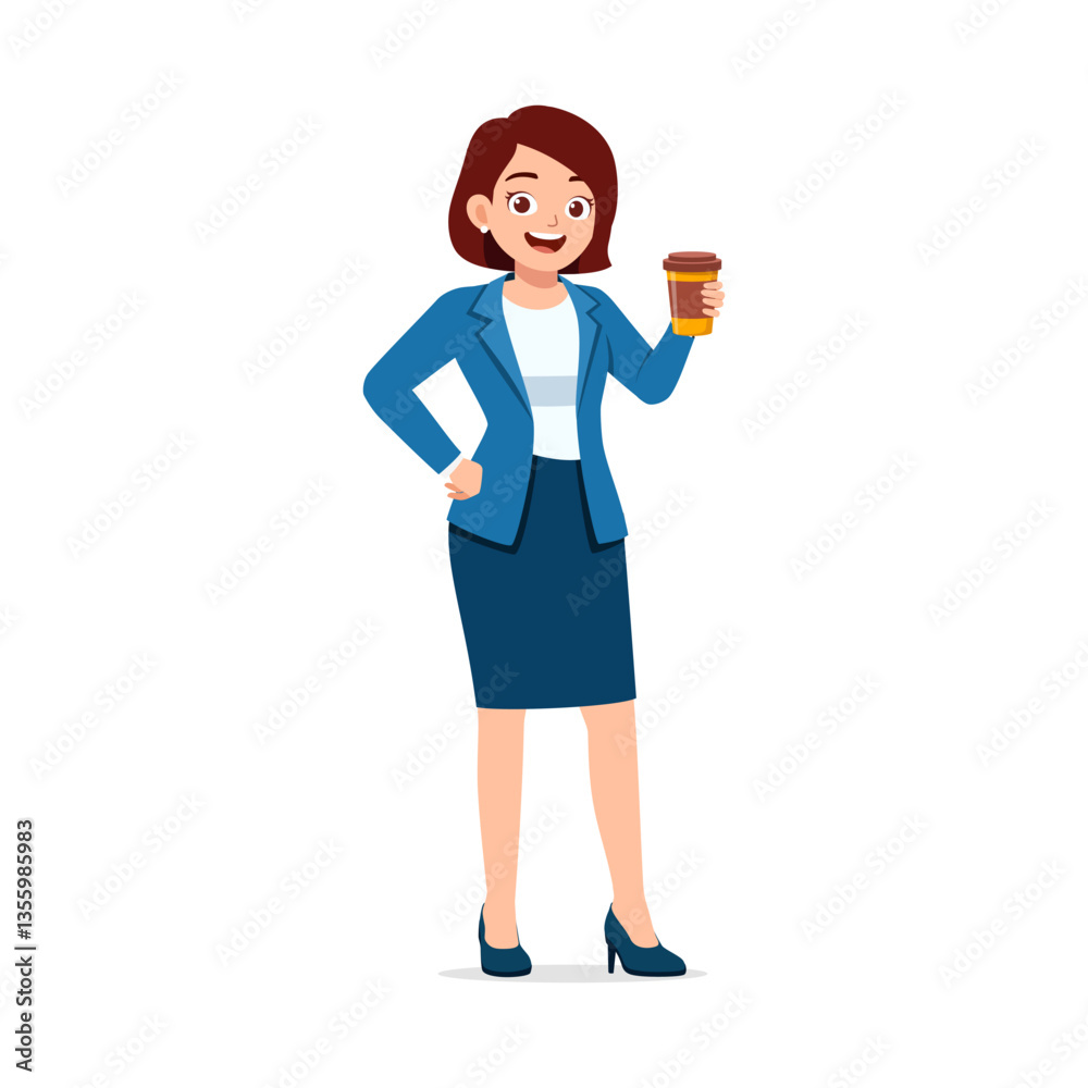 Businesswoman Holding Coffee Cup and Smiling While Standing Confidently in a Meeting Businesswoman Holding Coffee Cup and Smiling While Standing Confidently in a Meeting