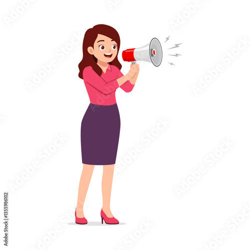 Cheerful woman in pink shirt holding megaphone and making announcement with smile