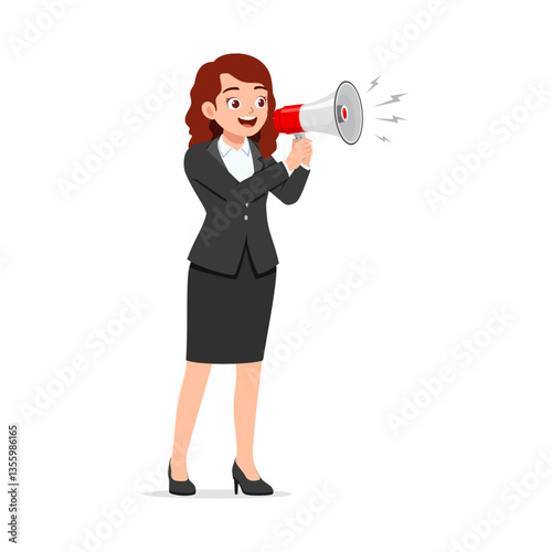 Smiling Businesswoman Announcing with Megaphone in Formal Suit with Positive Expression