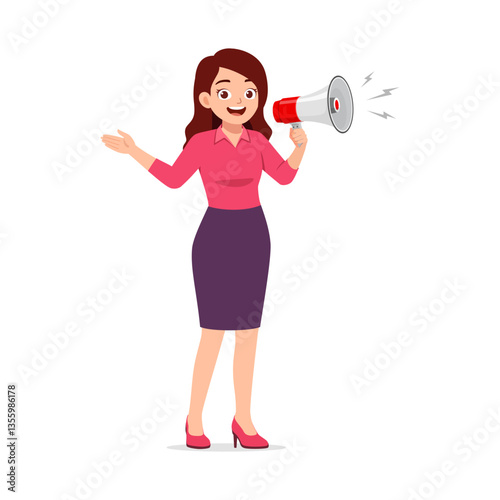 Happy Businesswoman Announcing with Megaphone, Smiling and Gesturing, Wearing Skirt Suit