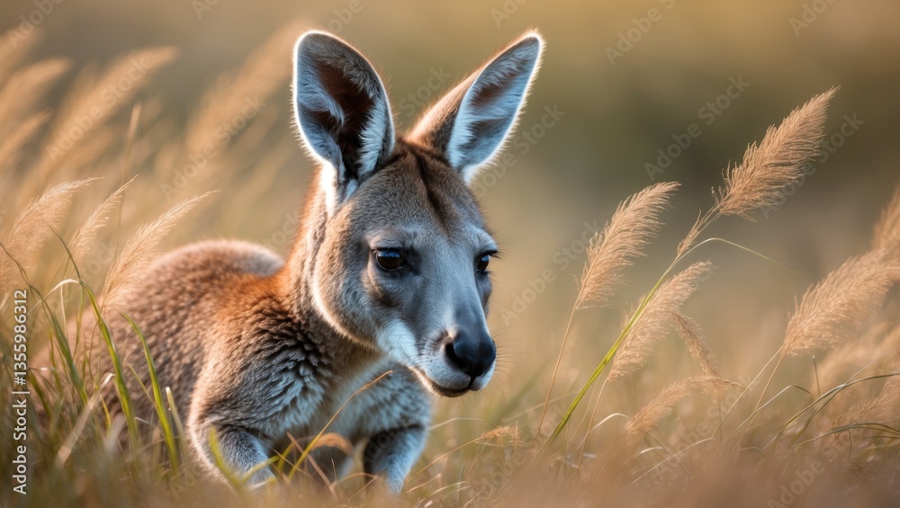 Fototapeta premium A close-up view of a kangaroo moving stealthily through the tall grass.