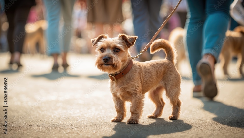 A terrier stands in a dog show. The terrier is wearing a collar and is on a leash. A terrier stands in a dog show. The terrier is wearing a collar and is on a leash.