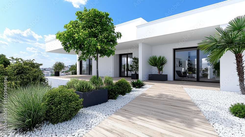 Modern White House with Lush Greenery and Pebble Pathway Modern White House with Lush Greenery and Pebble Pathway