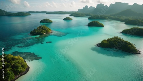 Fototapeta Naklejka Na Ścianę i Meble -  Aerial perspective of a tropical lagoon featuring turquoise water and small islands.