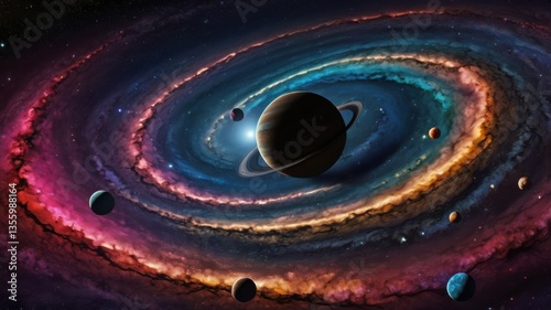 Bright and colorful planets with shining stars in a spinning galaxy.
Fantasy space scene with glowing lights and cosmic colors.