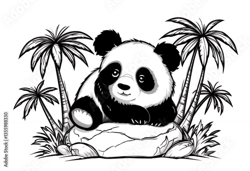 Panda Resting on Rock with Palm Trees Black and White Illustration