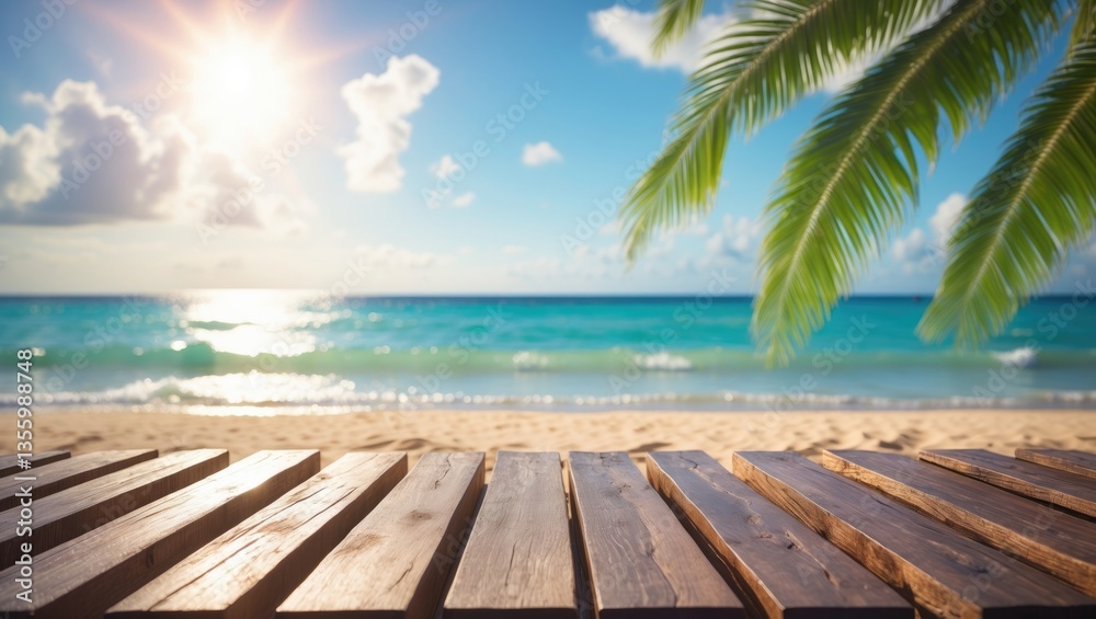 Fototapeta premium A wooden table product showcase set against a backdrop of a tropical beach, blue ocean, white clouds, sun flare, and green palm fronds.