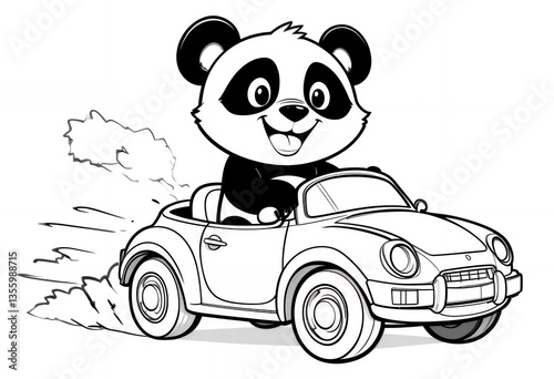 Panda Driving Car Illustration Black and White for Coloring Book