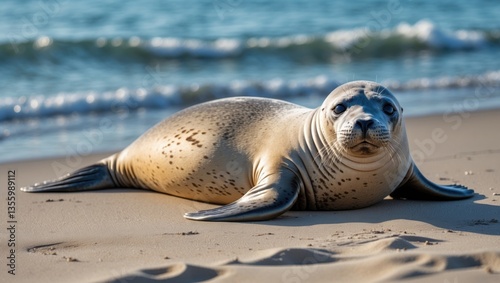 Fototapeta Naklejka Na Ścianę i Meble -  Adults common seal, Phoca vitulina, also referred to as harbour seal, lounging on sandy beach.