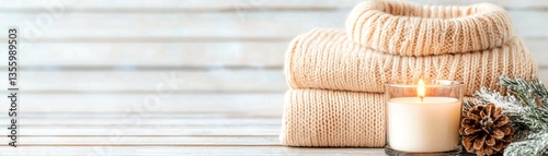 Wallpaper Mural Soft Cozy Knitted Sweaters Stacked With Warm Candle And Pine Cones On Rustic Wooden Background Torontodigital.ca